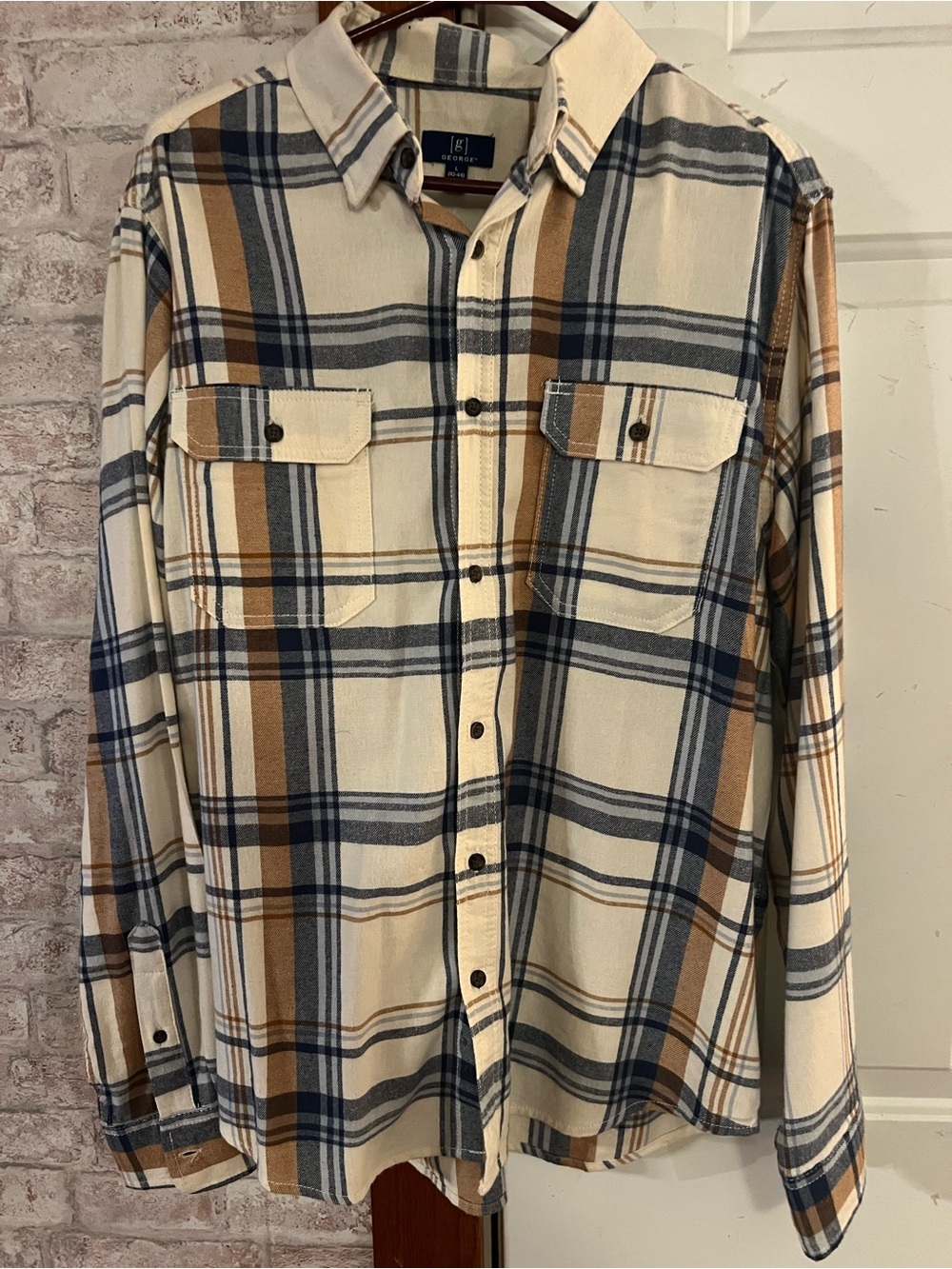 George Cream, Navy & Brown Plaid Button-Down Shirt